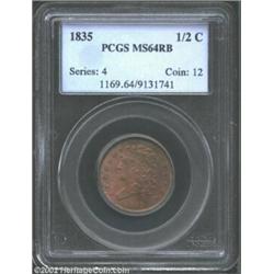 1835 1/2 C MS64 Red and Brown PCGS. B-1, C-1, R.1. Die State 2.0. A well struck Half Cent that has p