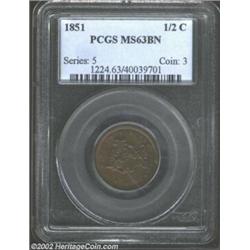 1851 1/2 C MS63 Brown PCGS. B-1, C-1, R.1. Hints of crimson iridescence occasionally outlines the de