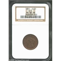 1851 1/2 C MS66 Brown NGC. B-1, C-1, R.1. This is the finest Brown 1851 Half Cent certified by eithe