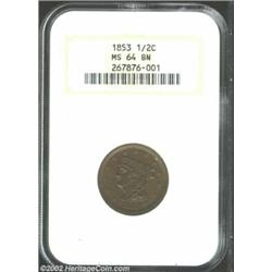 1853 1/2 C MS64 Brown NGC. B-1, C-1, R.1. A well struck near-Gem that has pleasing chocolate-brown p