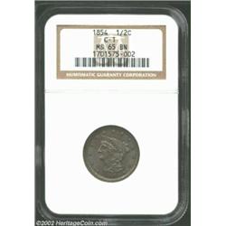 1854 1/2 C MS65 Brown NGC. B-1, C-1, R.1. Impressive cartwheel luster embraces the predominantly lil