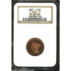1857 1/2 C PR65 Red and Brown NGC. B-2, C-1, R.4. Despite its status as the more common of the two d