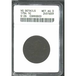 1794 1C Head of 1794--Corroded--ANACS. VG Details, Net AG3. S-26, R.2. The heavy die crack through t