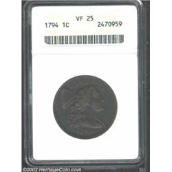 1794 1C Head of 1794 VF25 ANACS. S-65, R.1. A purple-brown example that has lighter color on the dev