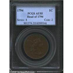1794 1C Head of 1794 AU55 PCGS. S-24, R.1. Die State A. This is a common die marriage for the 1794 C