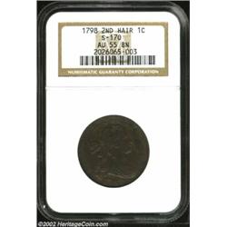 1798 1C Second Hair Style AU55 NGC. S-170, High R.3. This later die state shows a fine arcing die cr