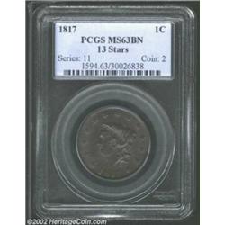 1817 1C 13 Stars MS63 Brown PCGS. N-14, R.1. The only obverse for the year with the bust truncation.