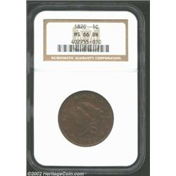 1820 1C Large Date MS66 Brown NGC. N-13, R.1. A popular Randall Hoard variety noted for its heavy ob