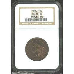 1820 1C Large Date MS66 Red and Brown NGC. N-13, R.1. Shimmering, glossy surfaces with considerable.