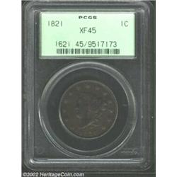 1821 1C XF45 PCGS. N-2, R.1. The second S in STATES is distant from the leaf. Mahogany-brown patina.