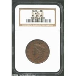 1826 1C MS64 Brown NGC. N-5, High R.2. The 6 in the date is entered high and is lightly recut. Rim b