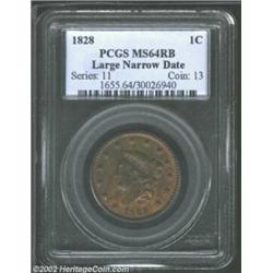 1828 1C Small Wide Date MS64 Red and Brown PCGS. This variety carries a premium over its similarly d