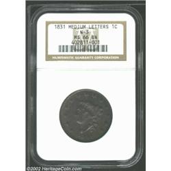 1831 1C Medium Letters MS66 Brown NGC. N-3. The only 1831 Medium Letters Coronet Cent so graded at t