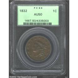 1832 1C Medium Letters AU50 PCGS. N-1, R.2. A chocolate-brown Cent that has light rub on Liberty's b