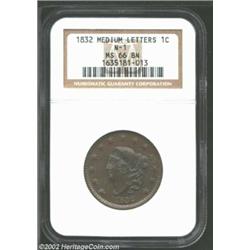 1832 1C Medium Letters MS66 Brown NGC. N-1, R.2. Fully struck in the centers with slight softness ev