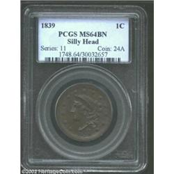 1839 1C Silly Head MS64 Brown PCGS. N-4, R.1. The major devices are well struck, while the obverse d