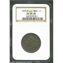 1839 1C Silly Head MS65 Brown NGC. The otherwise medium brown surfaces reveal blushes of antique-cop