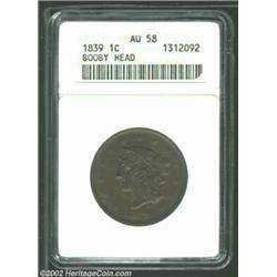 1839 1C Booby Head AU58 ANACS. N-13, R.2. An attractive medium brown Cent that has refreshingly smoo