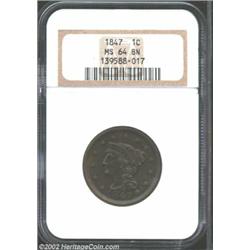 1847 1C MS64 Brown NGC. N-38, R.1. Light purple-brown patina. Sharply struck aside from star 9. The.