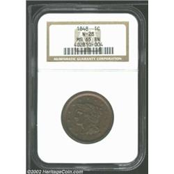 1848 1C MS65 Brown NGC. N-28, R.1. Hints of faded crimson luster outline the legends and devices. A.