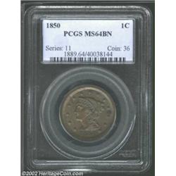 1850 1C MS64 Brown PCGS. N-2, R.1. A variety that is immediately recognizable due to the heavy horiz