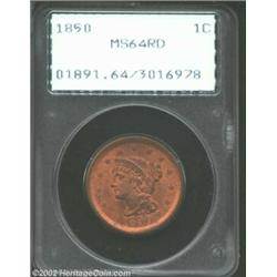 1850 1C MS64 Red PCGS. A lustrous orange-red Cent that is typically struck at the margins but has ne