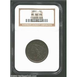 1851 1C MS66 Brown NGC. N-2, R.1. Well struck except for the denticles. A lustrous Gem with medium m