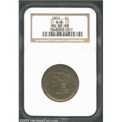 1852 1C MS65 Brown NGC. N-8, R.2. The obverse has iridescent olive-brown color, while the reverse ha