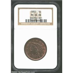 1852 1C MS66 Brown NGC. The L and E in LIBERTY is lightly repunched at the bases, as is the 1 in the