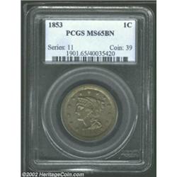 1853 1C MS65 Brown PCGS. N-3, R.1. An early die state that shows repunching above the base of the 1.