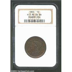 1853 1C MS66 Brown NGC. N-3, R.1. Curved die lines (as made) below the Y in LIBERTY and a clashmark.