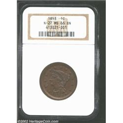 1853 1C MS66 Brown NGC. N-27, R.2. A lovely, light brown Gem that is essentially pristine except for