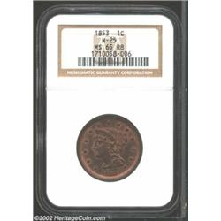 1853 1C MS65 Red and Brown NGC. N-25, R.1. The 1 in the date is lightly repunched below the base. ST