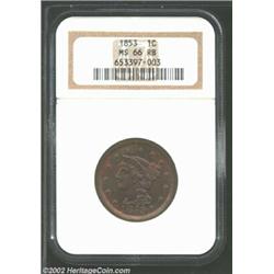 1853 1C MS66 Red and Brown NGC. N-10, R.1. The 8 in the date is repunched within the upper loop, and