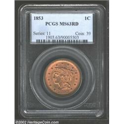 1853 1C MS63 Red PCGS. The base of the 1 in the date is sharply repunched. A lustrous and nicely str