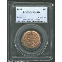 1853 1C MS64 Red PCGS. N-25, R.1. The base of the 1 in the date is lightly repunched. Radiant gold c