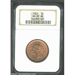 1853 1C MS65 Red NGC. Fiery-red mint luster covers each side of this well struck Gem. The only notic
