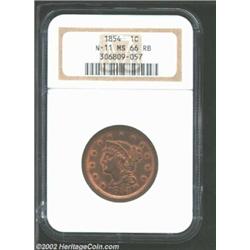 1854 1C MS66 Red and Brown NGC. N-11, R.2. Abundant crimson luster outlines the devices and legends.