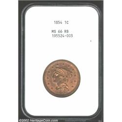 1854 1C MS66 Red and Brown NGC. Nearly fully lustrous with a frosty textured sheen, the surfaces are