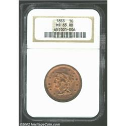 1855 1C Slanting 5s MS65 Red NGC. While the strike certainly sharpens toward the centers, both sides