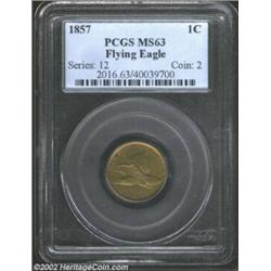1857 1C MS63 PCGS. A sharply struck olive-gold Cent that has a couple of insignificant contact marks