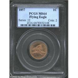 1857 1C MS64 PCGS. Full mint red color with bold definition and a few light contact marks that preve