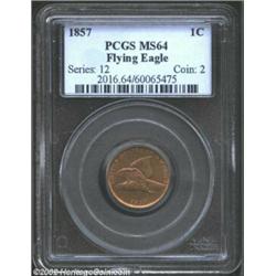 1857 1C MS64 PCGS. Glossy and very well defined, with blushes of steel-blue patina primarily on the.