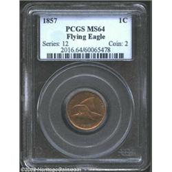 1857 1C MS64 PCGS. This is a sharply struck and carefully preserved near-Gem, with appealing red-bro