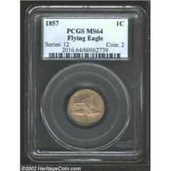 1857 1C MS64 PCGS. Appealing light-brown color and nice satiny luster. Each side displays a smatteri