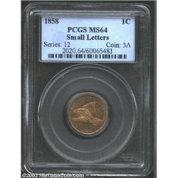 1858 1C Small Letters MS64 PCGS. Fully lustrous with near-complete highpoint definition, minor obver