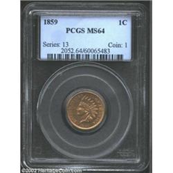 1859 1C MS64 PCGS. Honey-golden patina with a few light contact marks. A few of the feather tips are