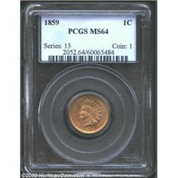 1859 1C MS64 PCGS. Lustrous golden-tan patina with some peripheral softness. Close examination revea