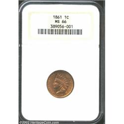 1861 1C MS66 NGC. Well struck aside from the uppermost feather tips. A lustrous tan-gold Gem that is