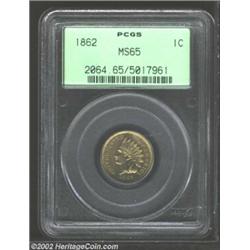 1862 1C MS65 PCGS. Lustrous golden-tan color with nice definition. Close examination reveals a few m